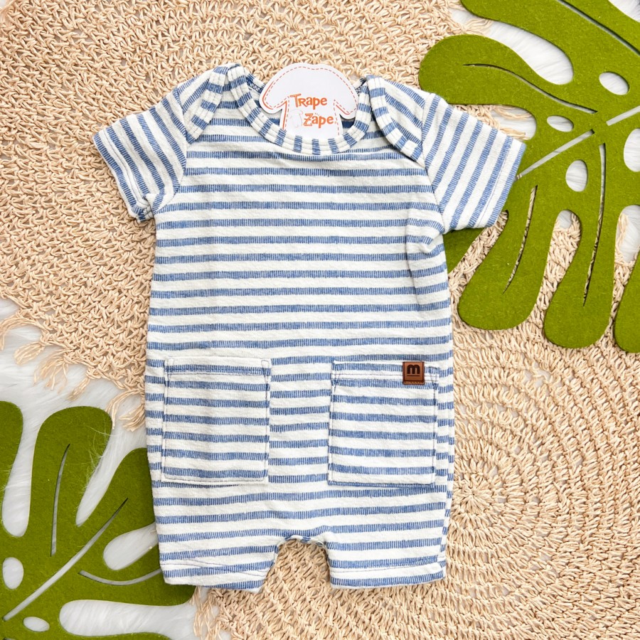 Macacão Curto Listrado com Bolsos - Azul e Areia